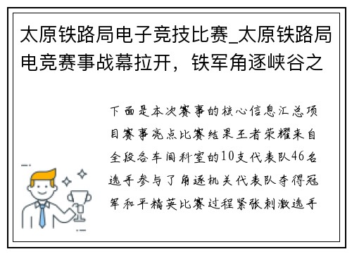 太原铁路局电子竞技比赛_太原铁路局电竞赛事战幕拉开，铁军角逐峡谷之巅